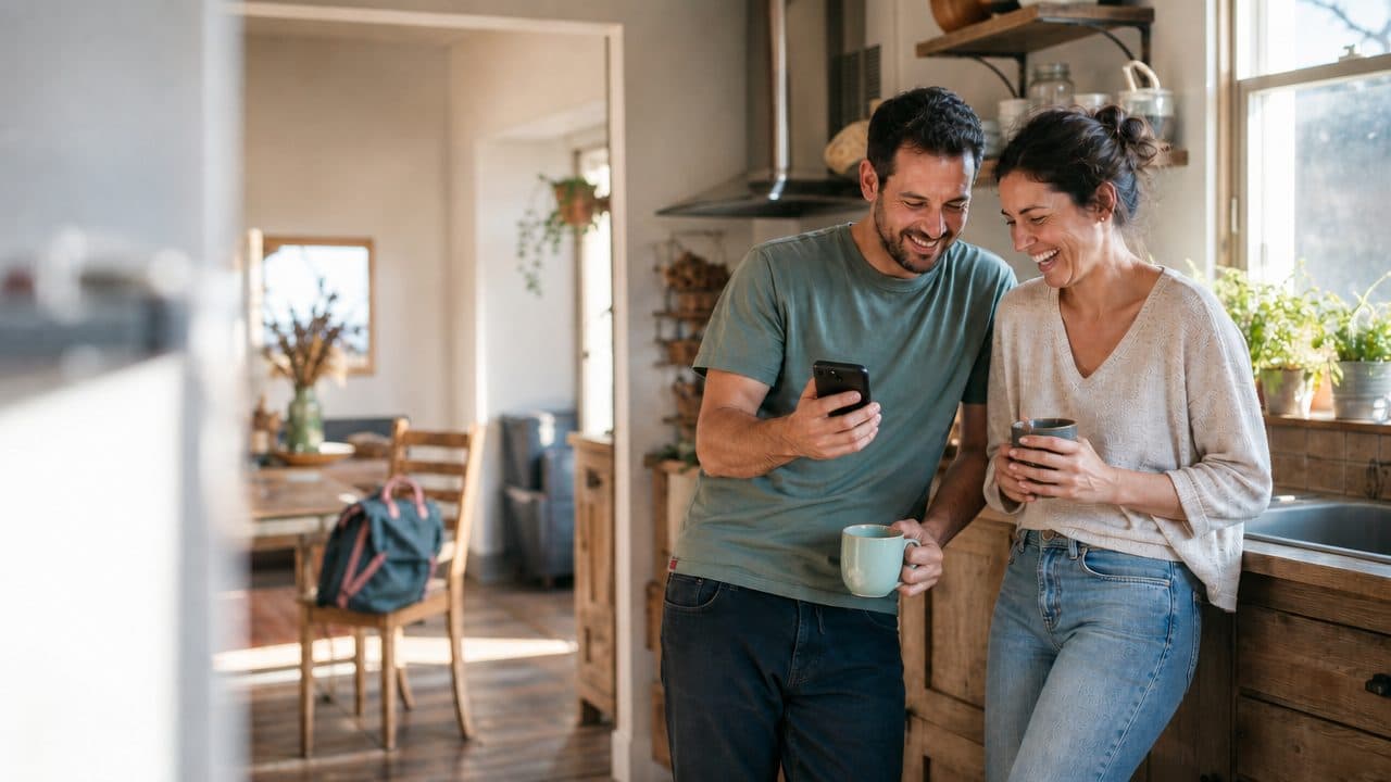 A couple laughing together in a sunny kitchen, one of them showing the other something on his phone