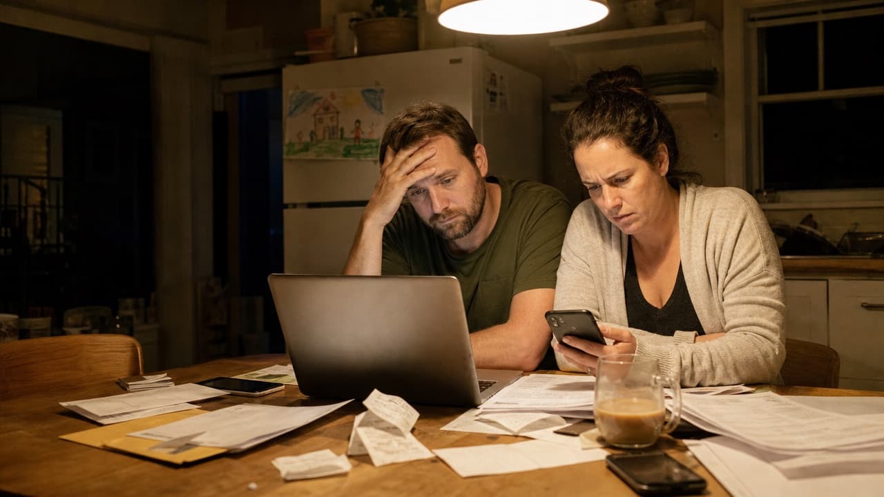 A tired couple at their kitchen table late at night, surrounded by bills, one rubbing his forehead while the other frowns at her phone