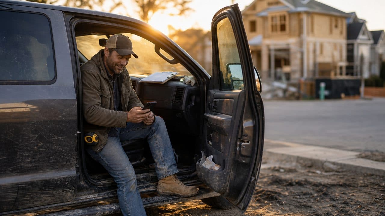 A contractor sitting in his work truck outside a job site, smiling at his phone