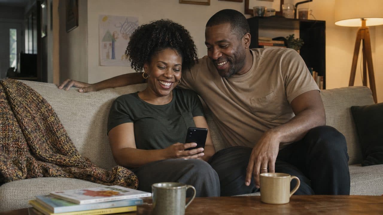 A couple laughing together on their living-room sofa in the evening, looking at her phone, with mugs of tea on the coffee table