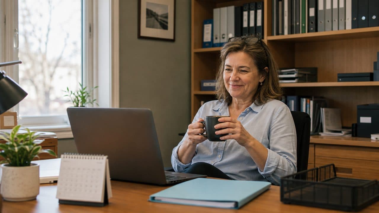 A tax professional relaxing with a mug of tea at a tidy desk in March